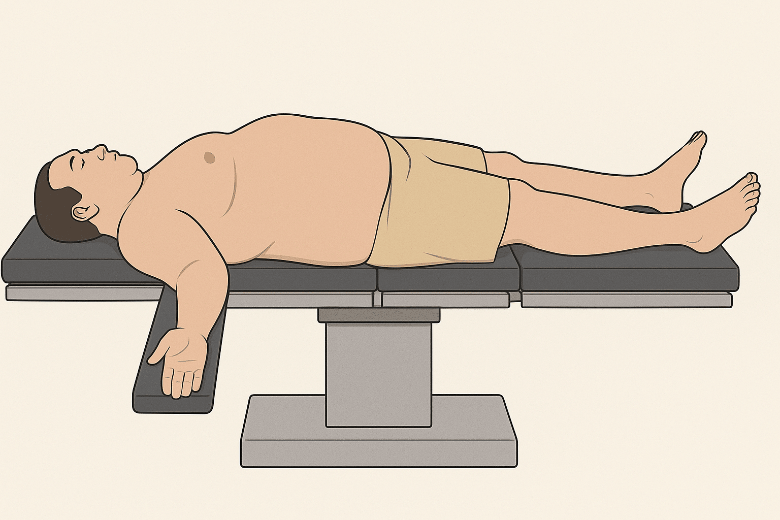Supine High BMI Illustration of a high-BMI patient lying supine on a surgical table, with one arm unsupported and hanging off the side.
