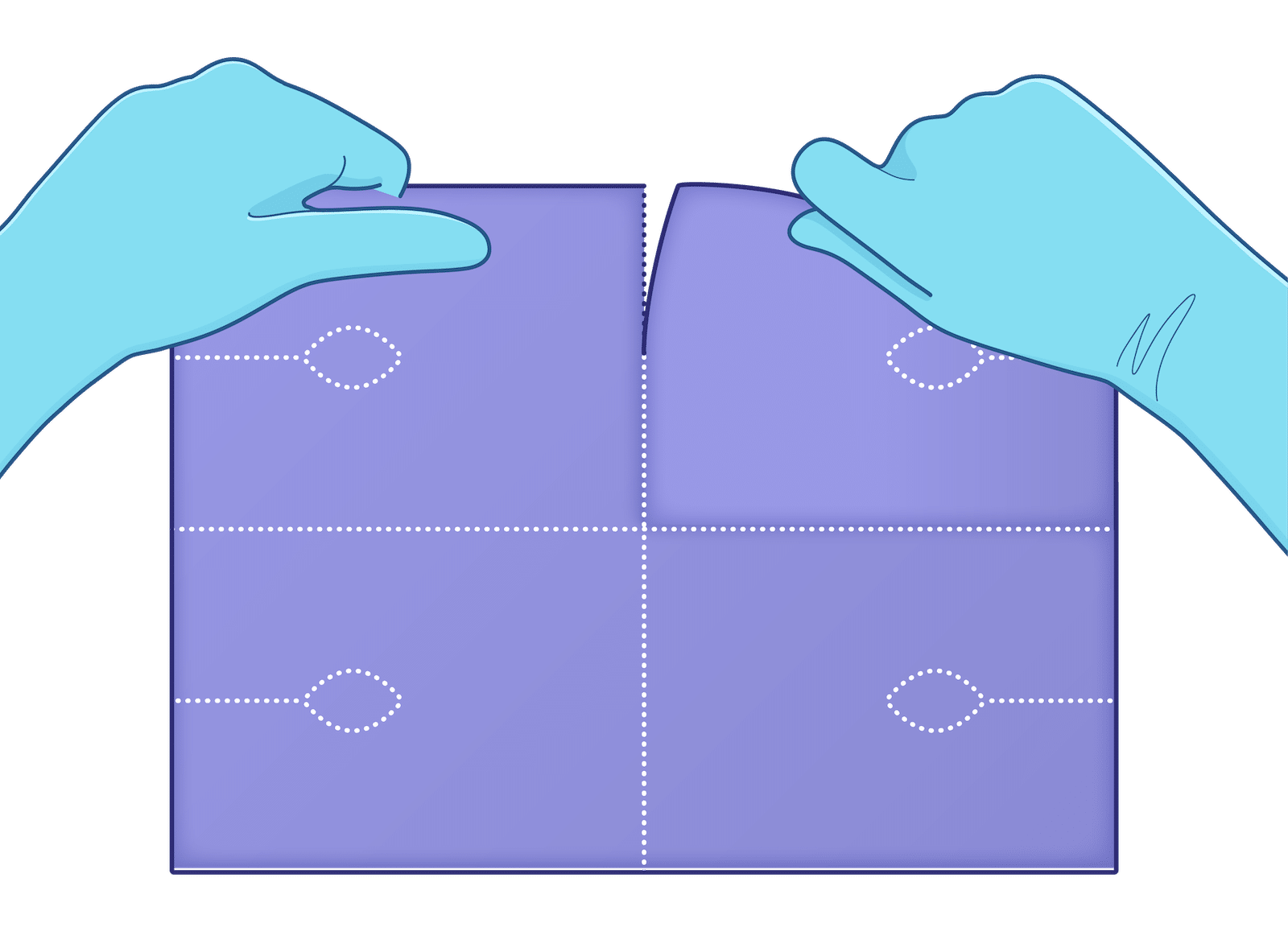 Gloved hands separate a large, square, purple stabilization pad along a perforated center line.